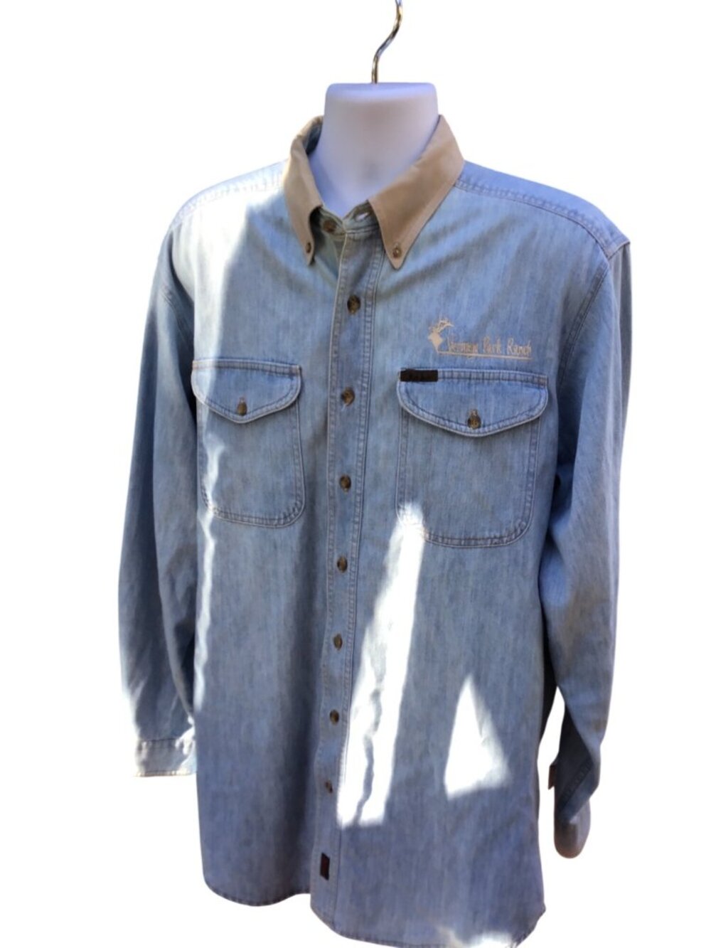 Woolrich Mens Denim Button-Up Shirt With Logo Embroidered On Chest & Beige Colla